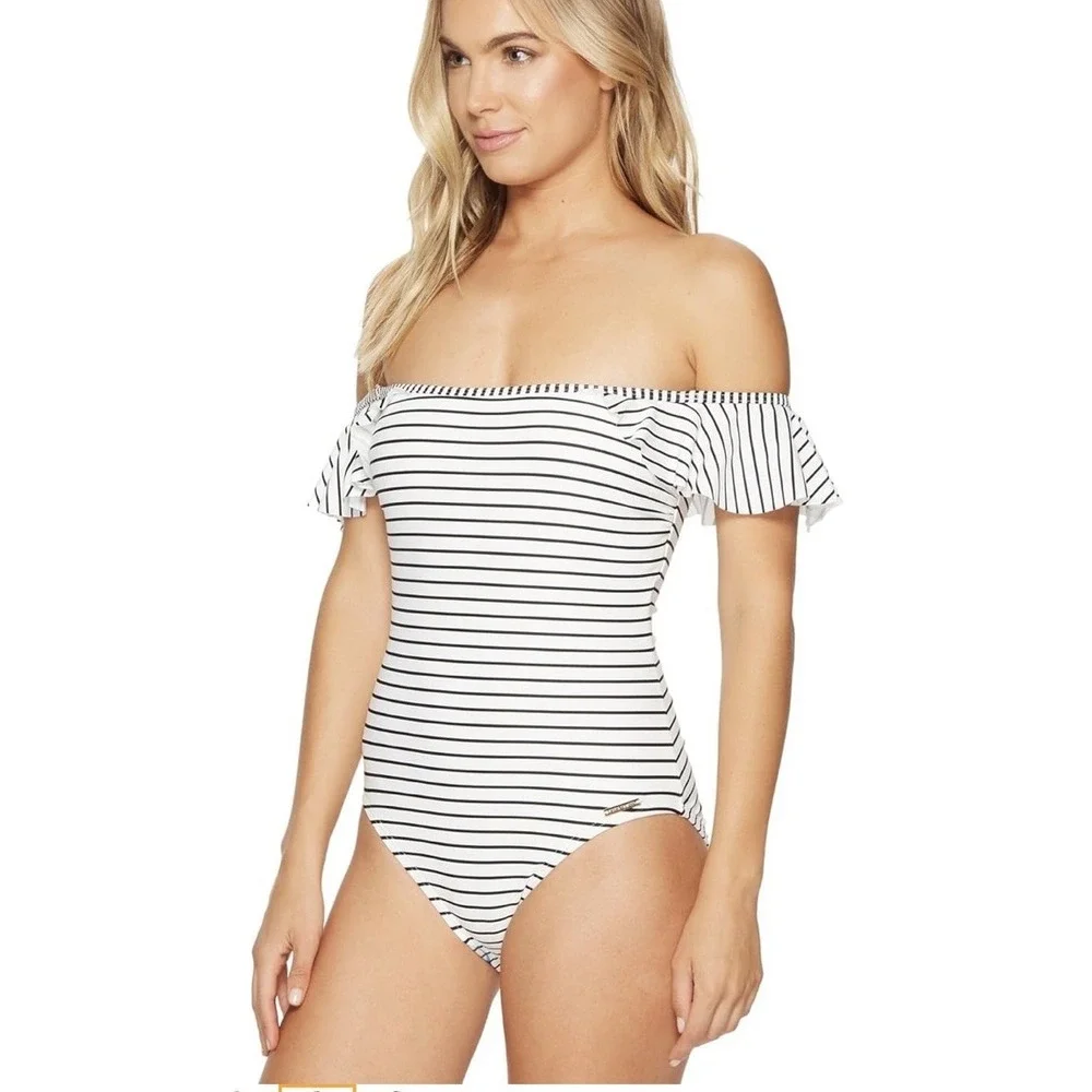 Vince Camuto Off The Shoulder Ruffle Striped One Piece‎ Swimsuit Size 14 1397